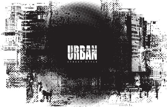 Abstract vector banner on the theme of urbanism, street art, digital technology and photo studios against the background of the architecture of a city, pixels.T-shirt design, poster. No AI used