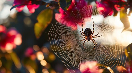 Spider in web, backlit by sun, amidst vibrant red flowers. Close-up on nature's beauty