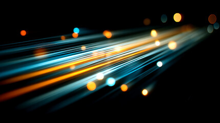 Wall Mural - Abstract glowing light streaks with vibrant bokeh effects against a dark void background, shallow depth of field at f/2.0, creating a dreamy and futuristic atmosphere.