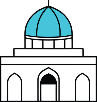 Central Asian Mosque with Turquoise Dome vector line art illustration