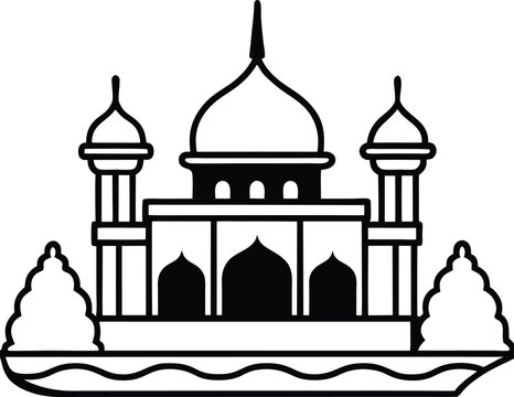 Floating Mosque on Lake Malaysia Inspired vector line art illustration