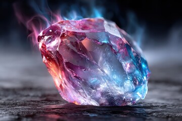 Poster - Vibrant crystal with colorful flames glowing in a dark environment