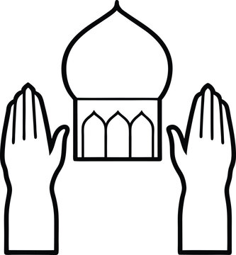 Hands Raised in Prayer Beside Mosque vector line art illustration