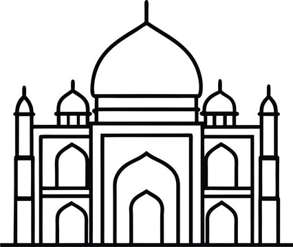 Indian Mosque with Mughal Dome Cultural Style vector line art illustration