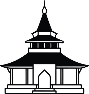 Indonesian Mosque with Tiered Roof vector line art illustration