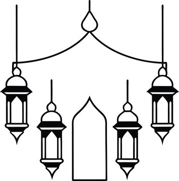 Line Art Mosque with Hanging Islamic Lanterns vector line art illustration