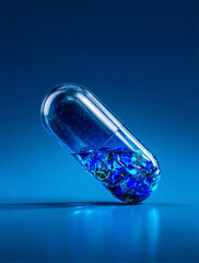 Poster - Discover the beauty of a transparent capsule filled with vibrant blue and green crystals, reflecting light on a serene blue background, symbolizing health and innovation in modern medicine.
