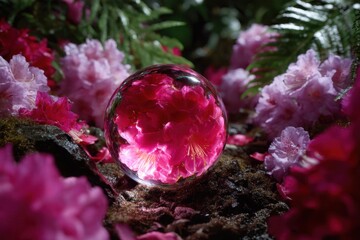 Poster - Captivating crystal ball reflects pink flowers in a lush garden setting