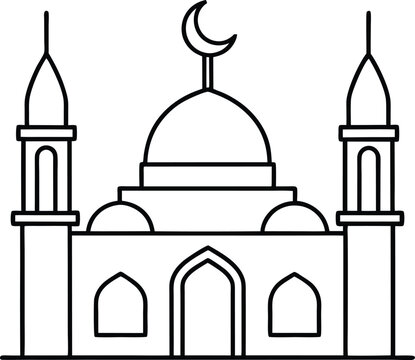 Ottoman Era Mosque with Crescent Moon vector line art illustration