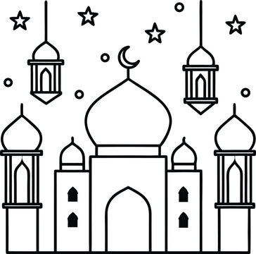 Ramadan Night Mosque with Lanterns and Moon vector line art illustration