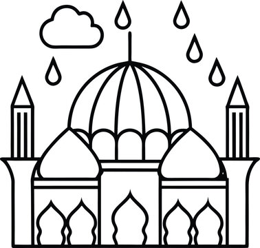 Rainy Day Mosque Scene with Umbrellas vector line art illustration
