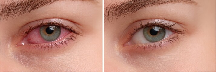 Aufkleber - Comparison of a Tired Red Eye and a Fresh Clear Eye Highlighting Differences in Appearance and Health