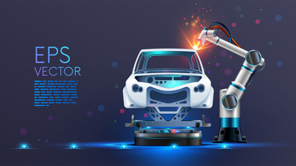 Poster - Robot welder in automobile industry. White robots welding car body on automobile factory. The industry robotic arm with a laser ray or beam on car factory. A car on the robotic assembly line.