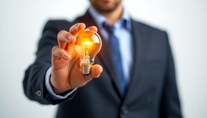 Poster - A man in a suit holding a glowing light bulb, symbolizing new ideas and innovation