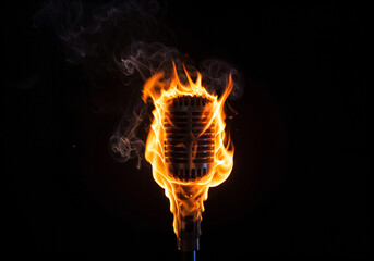 Poster -  flaming microphone for podcast . Generative AI