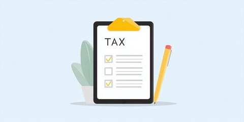 Poster - Tax checklist illustration on clipboard with checkmarks, surrounded by a plant and a yellow pencil, representing organization and preparation for tax season