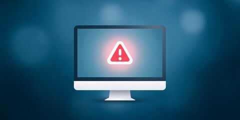 Fototapete - Computer monitor displaying warning alert symbol on blue gradient background, illustrating technology issues, cybersecurity threats, and digital safety concerns in modern computing environments