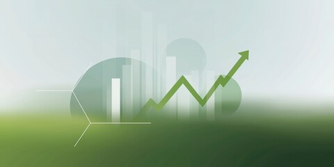 Poster - Abstract green illustration depicting a rising graph with geometric shapes and blurred background, symbolizing growth, progress, and financial success in a modern business environment