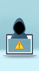 Poster - Digital illustration of a hooded figure emerging from a laptop screen, displaying a warning sign, symbolizing cybersecurity threats and online safety concerns in a modern context