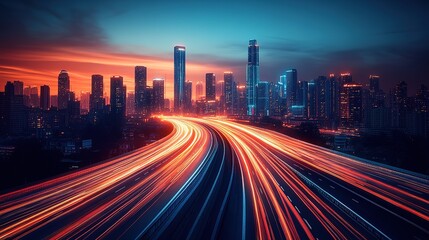 Poster - Stunning cityscape at sunset showcasing vibrant highway traffic light trails against a modern city skyline
