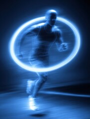 Poster - Glowing Pulse Ring Surrounds Athletic Runner in Motion During Evening Practice Session