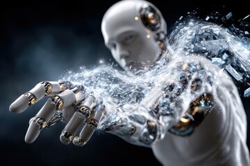 Poster - Futuristic robot reaches out with water-like energy in a dark environment
