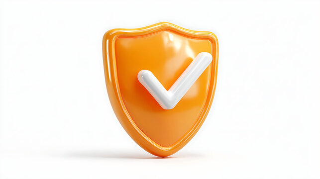 3D Glossy Orange Shield Icon with White Checkmark Security, Protection, and Safety Symbol