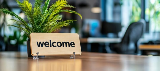 Poster - Welcome Sign with Green Plant on a Desk in a Modern Office, Business and Startup Workplace Concept.