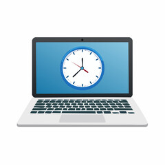 Poster - Illustration of a laptop computer displaying a clock on the screen in a flat design style