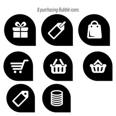 Poster - Illustration of eight purchasing icons including a gift, tag, bag, cart, and coins inside black bubbles