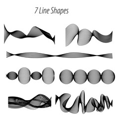 Poster - seven abstract line art shapes arranged on a white background with varying patterns and orientations