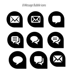Poster - Collection of eight black and white message bubble icons with various shapes and envelope symbols displayed