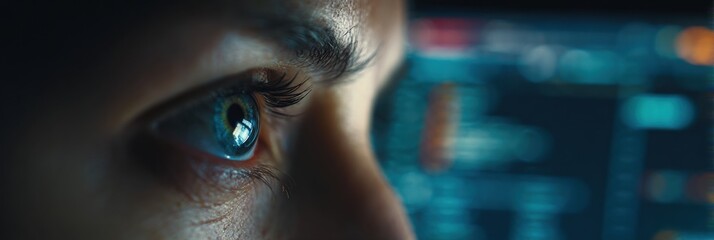Poster - Blurred Computer Screen Displays Eye Strain Warning in Dark Room With Focused Gaze of a Person Examining the Content Closely During Evening Hours