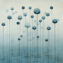 Poster - An abstract painting featuring stylized blue and grey flower forms