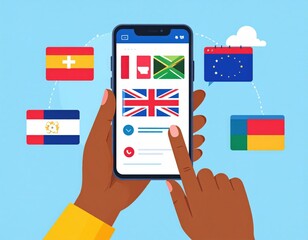 Poster - Hands Using Smartphone Displaying International Flags