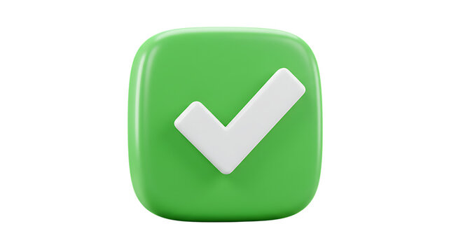 3d render of green checkmark icon button isolated on white background