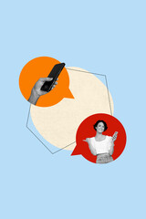 Poster - Creative poster collage of young girl use gadget speaking pointing on blue color background
