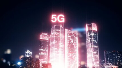 Poster - Night cityscape with glowing 5G symbols on skyscrapers and autonomous vehicles on illuminated road. Technology and smart city concept.