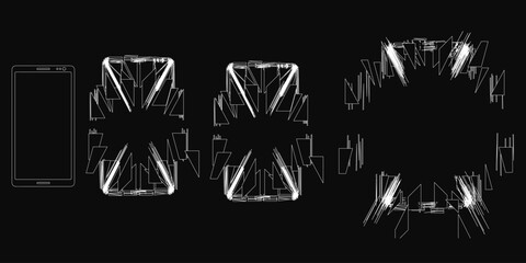 Poster - Exploding phone are shown in a black and white illustration. The shapes are all different sizes and are arranged in a way that creates a sense of depth and dimension.