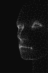 Poster - A face made of dots is shown in black and white. The face is very detailed and has a lot of texture. The image gives off a feeling of mystery and intrigue
