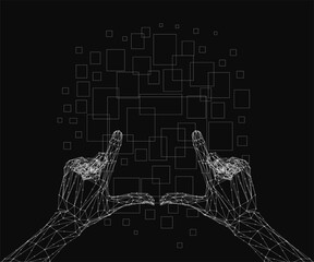 Poster - A pair of hands are shown in a black and white image with a grid pattern. Concept of technology and modernity, as the hands are depicted as if they are interacting with a digital device