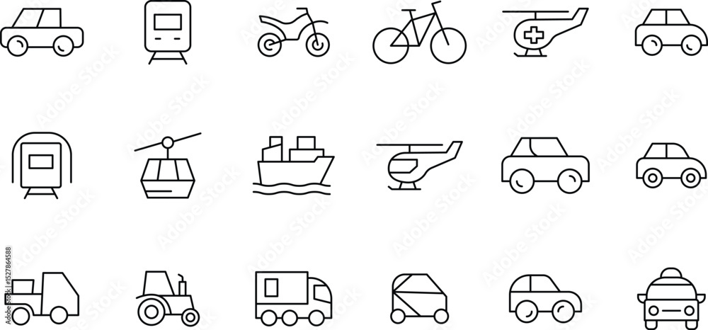 Transportation Icons A Comprehensive Collection of 18 Line Art Vector ...