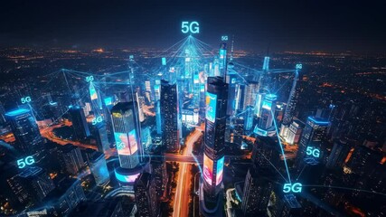Poster - Night cityscape with glowing 5G symbols on skyscrapers and autonomous vehicles on illuminated road. Technology and smart city concept.