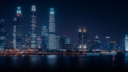 Poster - Night cityscape with glowing 5G symbols on skyscrapers and autonomous vehicles on illuminated road. Technology and smart city concept.