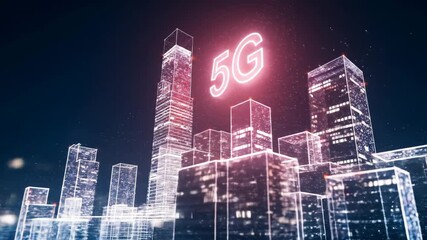 Poster - Night cityscape with glowing 5G symbols on skyscrapers and autonomous vehicles on illuminated road. Technology and smart city concept.