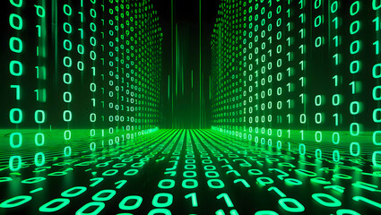 an illustration of a digital room with green binary code. digital matrix background. ai-generated