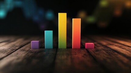Poster - D vertical bar graph with textured surfaces reflecting light, arranged on a wooden table, evoking a sense of depth and realism in data visualization.