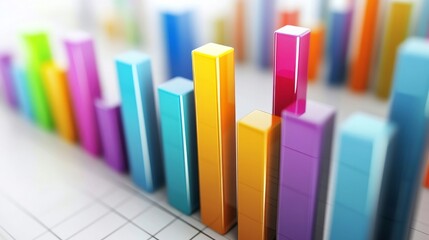 Fototapete - Abstract D bar graph with geometric shapes and bright colors, casting soft shadows on a white background, showcasing a dynamic representation of data.