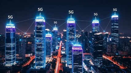 Poster - Night cityscape with glowing 5G symbols on skyscrapers and autonomous vehicles on illuminated road. Technology and smart city concept.