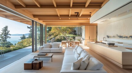 Poster - An open-concept living area in a minimalist house, featuring a combination of wood and white finishes, large windows, and unobstructed views of the outdoors.